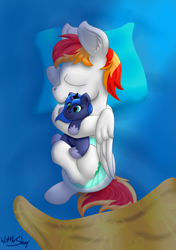 Size: 1800x2557 | Tagged: safe, artist:wittleskaj, princess luna, oc, oc:final cut, alicorn, pegasus, pony, baby, baby pony, blanket, colt, cute, diaper, foal, hoof sucking, male, plushie, ych result