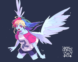Size: 1184x946 | Tagged: safe, artist:dusty-munji, rainbow dash, equestria girls, anime, looking away, open mouth, smiling, solo, spread wings, winged humanization, wings