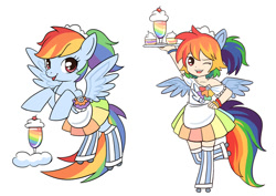 Size: 1024x724 | Tagged: safe, artist:kongyi, derpibooru import, rainbow dash, human, carhop, clothes, cute, dashabetes, eared humanization, human ponidox, humanized, looking at you, milkshake, rainbow dash always dresses in style, rearing, roller skates, simple background, skirt, sweets, tailed humanization, winged humanization, wink