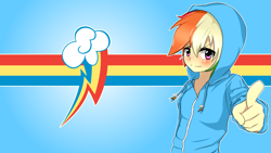 Size: 3419x1923 | Tagged: safe, artist:misterbrony, rainbow dash, clothes, female, humanized, multicolored hair, solo