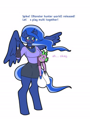 Size: 1850x2480 | Tagged: safe, artist:franschesco, princess luna, spike, alicorn, anthro, dragon, unguligrade anthro, breasts, cleavage, clothes, cute, dialogue, female, gamer luna, male, shipping, shirt, skirt, spiluna, straight