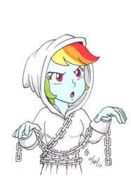 Size: 800x1068 | Tagged: safe, artist:mayorlight, derpibooru import, rainbow dash, ghost, equestria girls, chains, clothes, costume, ghost costume, halloween, halloween costume, nightmare night, solo, traditional art