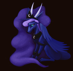 Size: 2159x2080 | Tagged: safe, artist:jykinturah, artist:lilliesinthegarden, princess luna, dragon, black background, dragoness, dragonified, ethereal mane, feathered dragon, female, jewelry, lunadragon, regalia, sad, simple background, solo, species swap, starry mane