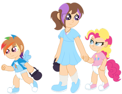 Size: 1013x788 | Tagged: safe, artist:the-crusader-network, derpibooru import, pinkie pie, rainbow dash, oc, human, age regression, cute, diaper, humanized, non-mlp oc, poofy diaper, pullup (diaper), simple background, transparent background, trick or treat