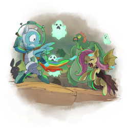 Size: 1024x1024 | Tagged: safe, artist:stupjam, derpibooru import, fluttershy, harry, rainbow dash, bat pony, ghost, pony, scare master, astrodash, astronaut, clothes, costume, flutterbat, flutterbat costume, harry the swamp monster, nightmare night, nightmare night costume, parody, spacesuit, team fortress 2