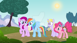 Size: 1024x576 | Tagged: safe, artist:megamastermario2009, derpibooru import, fuchsia blush, lavender lace, pinkie pie, rainbow dash, equestria girls, background human, equestria girls ponified, ponified, watermark