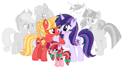 Size: 1180x644 | Tagged: safe, artist:unoriginai, applejack, big macintosh, shining armor, twilight sparkle, twilight sparkle (alicorn), oc, oc:apple brandy, oc:bailey brew, oc:paladin, alicorn, earth pony, pony, unicorn, applecest, applemac, brother and sister, female, incest, infidelity, magical lesbian spawn, male, oc x oc, offspring, offspring shipping, offspring's offspring, parent:applejack, parent:big macintosh, parent:shining armor, parent:twilight sparkle, parents:applemac, parents:oc x oc, parents:shining sparkle, product of incest, shiningsparkle, shipping, siblings, simple background, straight, transparent background, twicest