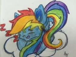 Size: 3264x2444 | Tagged: safe, artist:thewanderingtyto, derpibooru import, rainbow dash, pegasus, pony, cloud, sleeping, solo, traditional art