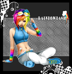 Size: 600x618 | Tagged: safe, artist:shoumon, rainbow dash, clothes, female, humanized, multicolored hair, simple background