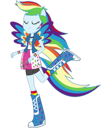 Size: 8307x10508 | Tagged: safe, artist:illumnious, derpibooru import, rainbow dash, equestria girls, absurd resolution, boots, bracelet, clothes, colored wings, eyes closed, jewelry, multicolored wings, ponied up, ponyscape, ponytail, rainbow power, rainbow power-ified, rainbow tail, rainbow wings, raised leg, simple background, skirt, socks, solo, transparent background, vector, wings, wristband