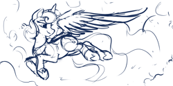 Size: 1324x658 | Tagged: safe, artist:dimfann, princess luna, alicorn, pony, female, flying, looking back, majestic, mare, monochrome, sketch, solo, wings