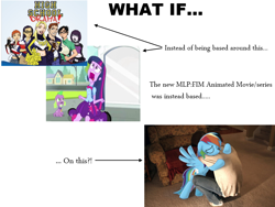 Size: 800x600 | Tagged: safe, rainbow dash, spike, twilight sparkle, dog, human, pony, fanfic:my little dashie, equestria girls, armchair, bipedal, bipedal leaning, comparison, exploitable meme, eyes closed, hug, kneeling, leaning, meme, open mouth, sitting, spike the dog, spread wings, twiscream