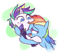 Size: 500x441 | Tagged: safe, artist:raridashdoodles, rainbow dash, rarity, pegasus, pony, unicorn, it isn't the mane thing about you, alternate hairstyle, blushing, clothes, female, hug, lesbian, mare, punk, raridash, raripunk, shipping, short hair, simple background, smiling