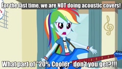 Size: 1280x720 | Tagged: safe, derpibooru import, rainbow dash, equestria girls, rainbow rocks, acoustic, image macro, meme, music, solo, text edit