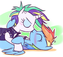 Size: 475x428 | Tagged: safe, artist:raridashdoodles, rainbow dash, rarity, pegasus, pony, unicorn, it isn't the mane thing about you, alternate hairstyle, blushing, clothes, female, jacket, kissing, leather jacket, lesbian, mare, punk, raridash, raripunk, shipping, short hair, simple background, smiling