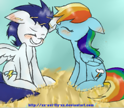 Size: 756x661 | Tagged: safe, artist:avi-library, rainbow dash, soarin', pegasus, pony, blushing, cute, dashabetes, female, hay, male, shipping, soarindash, straight