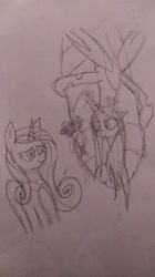 Size: 1280x2279 | Tagged: safe, artist:derpanater, princess cadance, queen chrysalis, alicorn, changeling, changeling queen, pony, 30 minute art challenge, bouquet, cadalis, female, flower, infidelity, lesbian, mare, shipping, traditional art