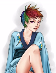 Size: 2620x3412 | Tagged: safe, artist:forgotten-wings, rainbow dash, clothes, female, humanized, kimono (clothing), multicolored hair