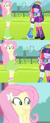 Size: 600x1458 | Tagged: safe, edited screencap, screencap, fluttershy, rainbow dash, twilight sparkle, equestria girls, equestria girls (movie), comic, fluttershipper, hug, implied, screencap comic, shipper on deck, tenso