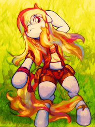 Size: 1920x2560 | Tagged: safe, artist:soortes, derpibooru import, rainbow dash, pegasus, pony, alternate hairstyle, belly button, clothes, crossover, grass, midriff, naughty dog, one eye closed, relaxing, shorts, solo, uncharted