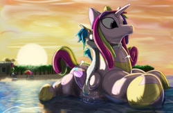 Size: 1280x836 | Tagged: safe, artist:milvusb, princess cadance, oc, alicorn, earth pony, inflatable pony, pony, beach, deflating, deflation, floating, hissing, inflatable, inflatable toy, male, pool toy, popping, puncture, riding, solo, stallion, summer, sunset, this will end in tears, water