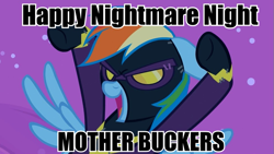 Size: 959x540 | Tagged: safe, derpibooru import, edit, edited screencap, screencap, rainbow dash, pegasus, pony, luna eclipsed, clothes, costume, female, image macro, mare, meme, shadowbolts costume, solo, vulgar