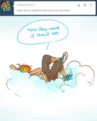 Size: 800x1000 | Tagged: safe, artist:schpog, rainbow dash, ask human appledash, clothes, cloud, female, humanized, on a cloud, relaxing, shoes, short pants, speech bubble, tumblr