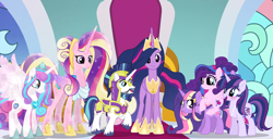 Size: 1766x907 | Tagged: safe, artist:unoriginai, princess cadance, princess flurry heart, shining armor, twilight sparkle, twilight sparkle (alicorn), oc, oc:paladin, alicorn, pony, unicorn, family, magical lesbian spawn, magical threesome spawn, offspring, older, older flurry heart, older princess cadance, older shining armor, older twilight, parent:princess cadance, parent:shining armor, parent:twilight sparkle, parents:shining sparkle, parents:twiarmordance, parents:twidance, product of incest, ultimate cadance, ultimate twilight