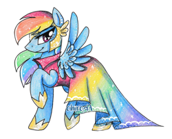 Size: 1899x1542 | Tagged: safe, artist:cihiiro, derpibooru import, rainbow dash, pegasus, pony, clothes, dress, raised hoof, simple background, solo, spread wings, traditional art, transparent background