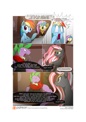 Size: 3541x5016 | Tagged: safe, artist:gashiboka, derpibooru import, rainbow dash, spike, oc, oc:gold lily, oc:night star, dragon, pegasus, pony, unicorn, comic:recall the time of no return, comic, floppy ears, implied tyrant sparkle, older, older spike, patreon, patreon logo