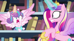 Size: 1280x720 | Tagged: safe, screencap, princess cadance, princess flurry heart, alicorn, pony, the crystalling, baby, baby alicorn, baby flurry heart, baby pony, book, bookshelf, cloth diaper, cute, diaper, diapered, diapered filly, female, gritted teeth, library, light pink diaper, magic, mother and child, mother and daughter, nervous, parent and child, pre sneeze, reeee, safety pin, spread wings, wide eyes, wings, yikes