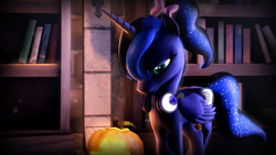 Size: 1920x1080 | Tagged: safe, artist:lunar57, princess luna, alicorn, pony, 3d, alternate hairstyle, bookshelf, bow, female, hair bow, halloween, headphones, holiday, jack-o-lantern, mare, pumpkin, solo, source filmmaker