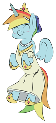 Size: 1586x3442 | Tagged: safe, artist:liracrown, derpibooru import, rainbow dash, pegasus, pony, blushing, clothes, costume, crown, dress, fake horn, necklace, nightmare night, pearl necklace, princess, shoes, simple background, solo, transparent background, vector