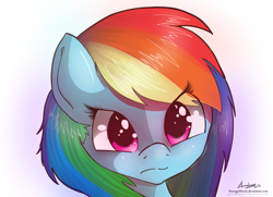 Size: 1657x1200 | Tagged: safe, artist:strangemoose, rainbow dash, pegasus, pony, alternate hairstyle, head only, looking at you, solo, tsunderainbow, tsundere