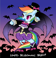 Size: 500x523 | Tagged: safe, artist:ymnsk, artist:yumenosuke, derpibooru import, rainbow dash, bat, pegasus, pony, undead, vampire, vampony, bat wings, bipedal, clothes, halloween, open mouth, solo, wings