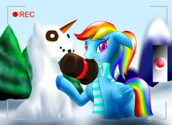 Size: 2573x1870 | Tagged: safe, artist:bludraconoid, derpibooru import, rainbow dash, pegasus, pony, camera, camera shot, carrot, clothes, donut, hat, mouth hold, ponytail, recording, scarf, snow, snowpony, solo, top hat