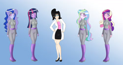 Size: 3333x1770 | Tagged: safe, artist:tigerssunshyn, dean cadance, princess cadance, princess celestia, princess luna, principal celestia, twilight sparkle, vice principal luna, oc, equestria girls, boots, clothes, female, headband, mind control, shoes, swirly eyes, uniform