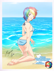 Size: 2144x2798 | Tagged: safe, artist:shinta-girl, derpibooru import, rainbow dash, human, barefoot, bikini, buttcrack, clothes, feet, female, humanized, sand, short hair, short hair rainbow dash, sky, solo, swimsuit, water