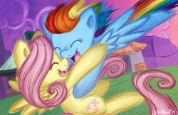 Size: 1280x828 | Tagged: safe, artist:abbystarling, derpibooru import, fluttershy, rainbow dash, pegasus, pony, trade ya, action pose, cute, eyes closed, happy, hug