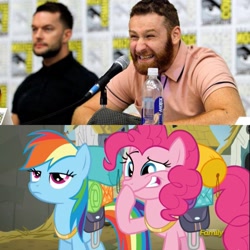 Size: 2048x2048 | Tagged: safe, derpibooru import, screencap, pinkie pie, rainbow dash, human, the lost treasure of griffonstone, comparison, finn balor, giggling, irl, irl human, nxt, photo, sami zayn, wwe