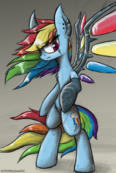 Size: 1600x2388 | Tagged: safe, artist:blvckmagic, derpibooru import, rainbow dash, pegasus, pony, augmented, backwards cutie mark, chest fluff, cyberpunk, implied amputation, prosthetic limb, prosthetic wing, prosthetics, solo