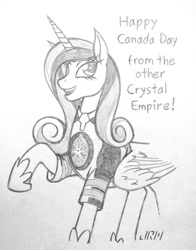 Size: 720x919 | Tagged: safe, artist:texasuberalles, princess cadance, alicorn, pony, canada, canada day, female, grayscale, hockey jersey, hoof shoes, looking at you, mare, monochrome, pencil drawing, raised hoof, simple background, solo, traditional art, white background, winnipeg jets