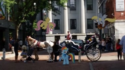 Size: 1043x587 | Tagged: safe, artist:anxet, artist:calumoninc, artist:kooner-cz, artist:thedoubledeuced, derpibooru import, derpy hooves, fluttershy, rainbow dash, horse, human, baby carriage, boston, building, car, carriage, faneuil hall marketplace, flag, floating, flower, horse-pony interaction, irl, irl horse, photo, ponies in real life, tree, vector