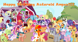 Size: 1217x657 | Tagged: safe, artist:lachlancarr1996, aloe, apple bloom, applejack, big macintosh, bright mac, cookie crumbles, derpy hooves, discord, fluttershy, granny smith, hondo flanks, lotus blossom, mane allgood, maud pie, pear butter, pinkie pie, princess cadance, princess flurry heart, rainbow dash, rarity, scootaloo, shining armor, snap shutter, somnambula, spike, sugar belle, sunset shimmer, sweetie belle, twilight sparkle, oc, oc:asteroid angus, oc:lachlancarr, alicorn, draconequus, dragon, earth pony, pegasus, pony, unicorn, bipedal, birthday, cutie mark crusaders, mane seven, mane six, sweet apple acres, winged spike