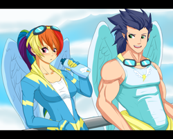 Size: 2000x1600 | Tagged: safe, artist:ninja-8004, rainbow dash, soarin', breasts, cleavage, clothes, curvy, female, humanized, male, muscles, rainboob dash, shipping, soarindash, straight, uniform, wonderbolts uniform