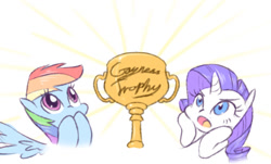 Size: 635x383 | Tagged: safe, artist:raridashdoodles, rainbow dash, rarity, pegasus, pony, unicorn, amazed, bust, duo, female, hooves on cheeks, lesbian, looking up, mare, open mouth, raridash, shipping, simple background, trophy, white background