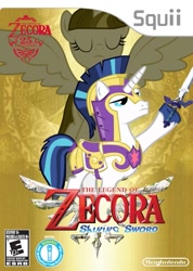 Size: 711x1000 | Tagged: safe, artist:nickyv917, shining armor, twilight sparkle, twilight sparkle (alicorn), alicorn, pony, unicorn, a canterlot wedding, magical mystery cure, box art, crossover, duo, duo male and female, esrb, female, implied zecora, male, mare, spread wings, stallion, text, the legend of zelda, the legend of zelda: skyward sword, video game cover, wii, wings