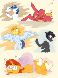 Size: 2000x2688 | Tagged: safe, artist:uliovka, big macintosh, braeburn, king sombra, shining armor, soarin', sunburst, pegasus, pony, unicorn, dazed, derp, face down ass up, faceless male, fetish, half, head swap, headless, lying down, male, modular, offscreen character, simple background, sleeping, stallion, yellow background