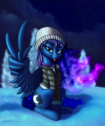 Size: 1700x2037 | Tagged: safe, artist:lightly-san, princess luna, alicorn, pony, clothes, ethereal mane, female, galaxy mane, looking at you, sitting, sketch, snow, solo, tongue out, wing gesture, wing hands, winter