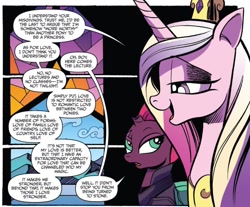 Size: 1226x1013 | Tagged: safe, artist:andypriceart, idw, princess cadance, tempest shadow, alicorn, pony, unicorn, spoiler:comic, spoiler:comic67, armor, broken horn, cropped, duo, eye scar, female, mare, official comic, princess of love, scar, speech bubble, stained glass, text, wall of text
